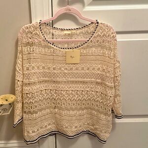 Crochet Top by Rye. Ivory Size S/M with Navy trim. 3/4 sleeve, New with Tags